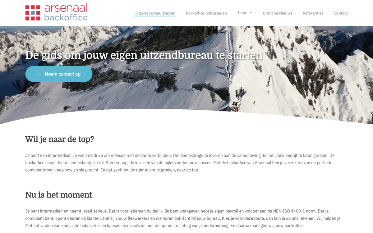 De homepage van Arsenaal Backoffice